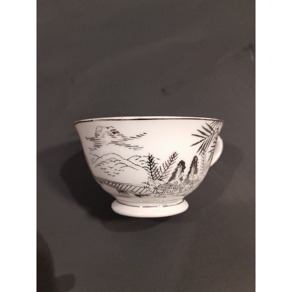 Vintage Hayasi Kutani Metallic Silver Mt Fuji Footbridge Teacups , Set of 7 - Picture 1 of 9